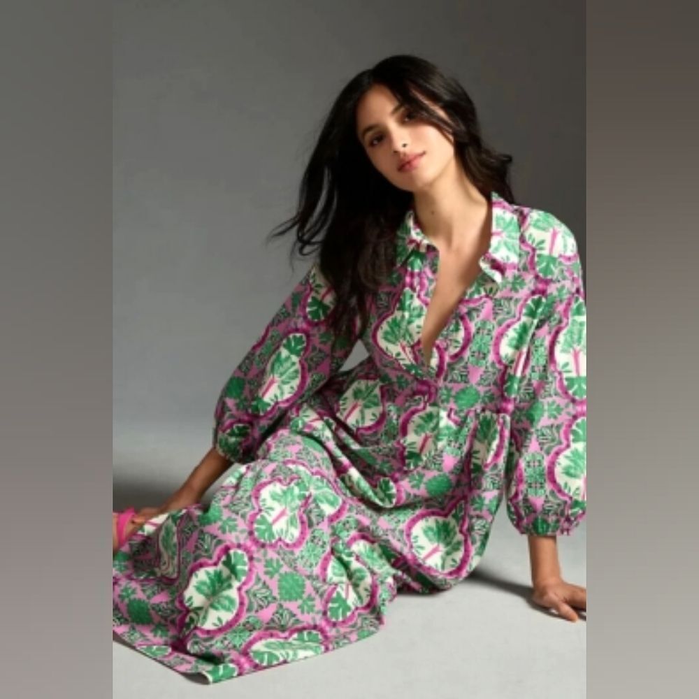 Nwot Maeve Anthropology Bettina Pink Floral Tiered Shift Dress Xs -S